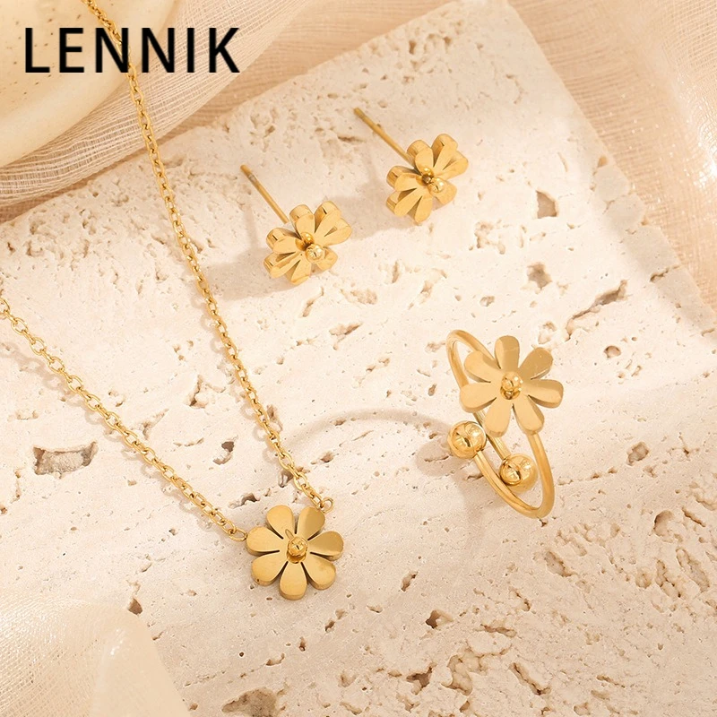 LENNIK Sensationelle Gänseblümchen-Halskette, Ohrringe im minimalistischen Stil, modisches Armband, leichtes Luxus-Ring-Accessoire-Set im Waldstil