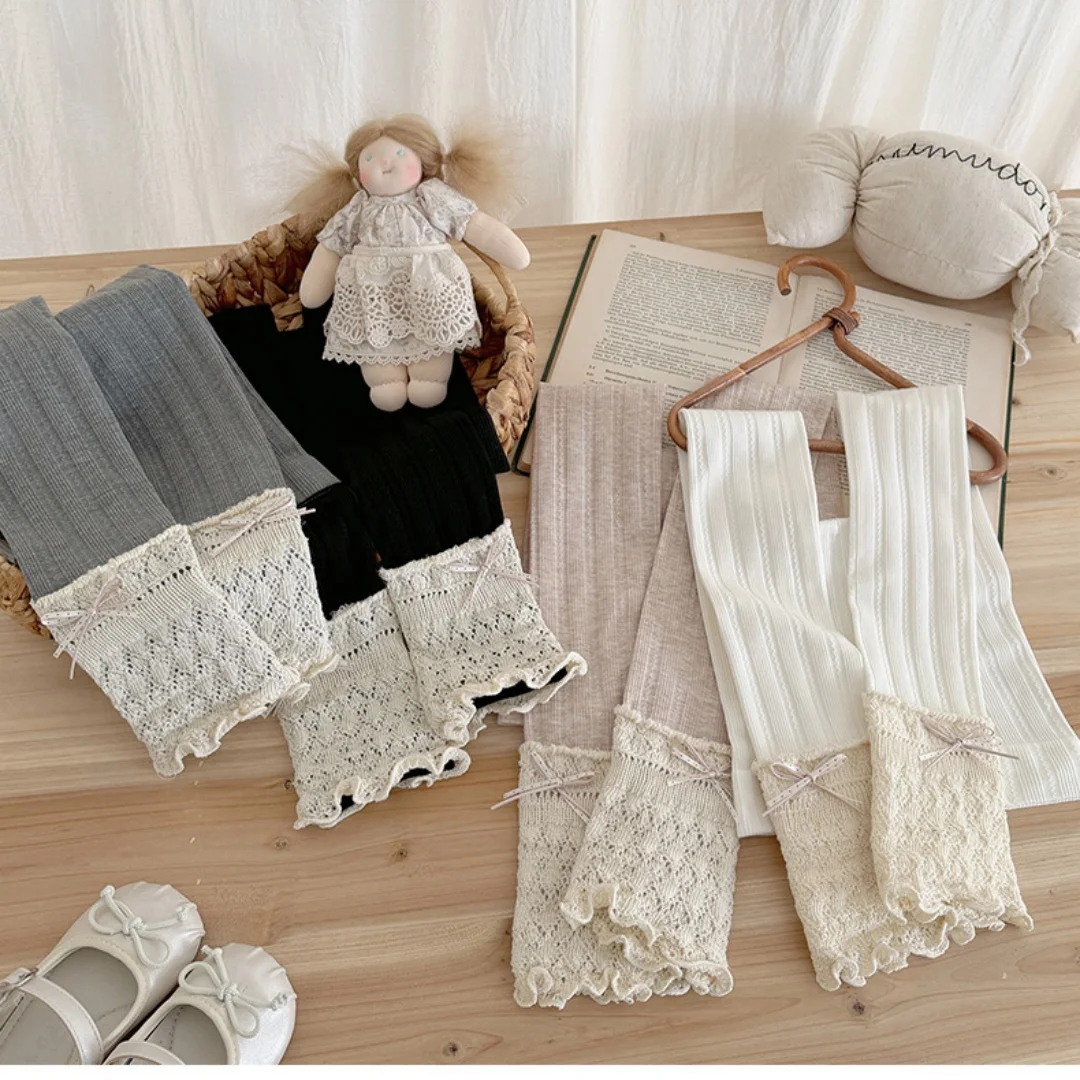 2026 Autumn Baby Girl Tights Lace Ruffle Bow Ribbed Knit Fabric Kids Leggings  Soft Breathable Children Trousers