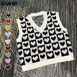 KOSAHIKI Classic Heart Plaid Knitted Sweater Vest Women 9 Colors Crop Loose Waistcoat Y2k Harajuku Autumn Hip Hop Knitwear Tops