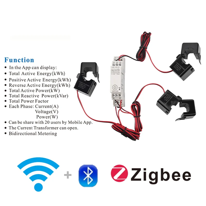 Contatore di energia trifase Zigbee 100-240V App mobile Telecomando Contatore di energia su guida multifunzionale per uso domestico