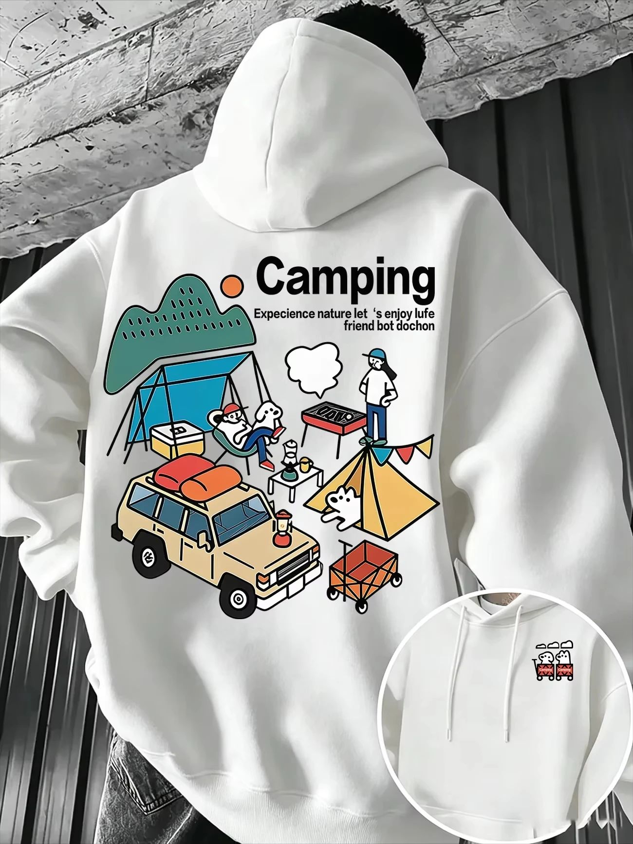 2026 Men Oversized Hoodie Cartoon Camping Car Tent Graphic Front Back Dual Print Pullover Sweatshirt Autumn Winter Outdoor