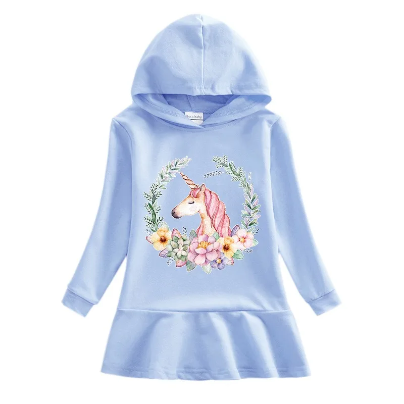 2024 New Unicorn Girls Dress Cotton Clothes Autumn Kids Dresses for Children Birthday Party Costume Hooded Fashion 2-8T