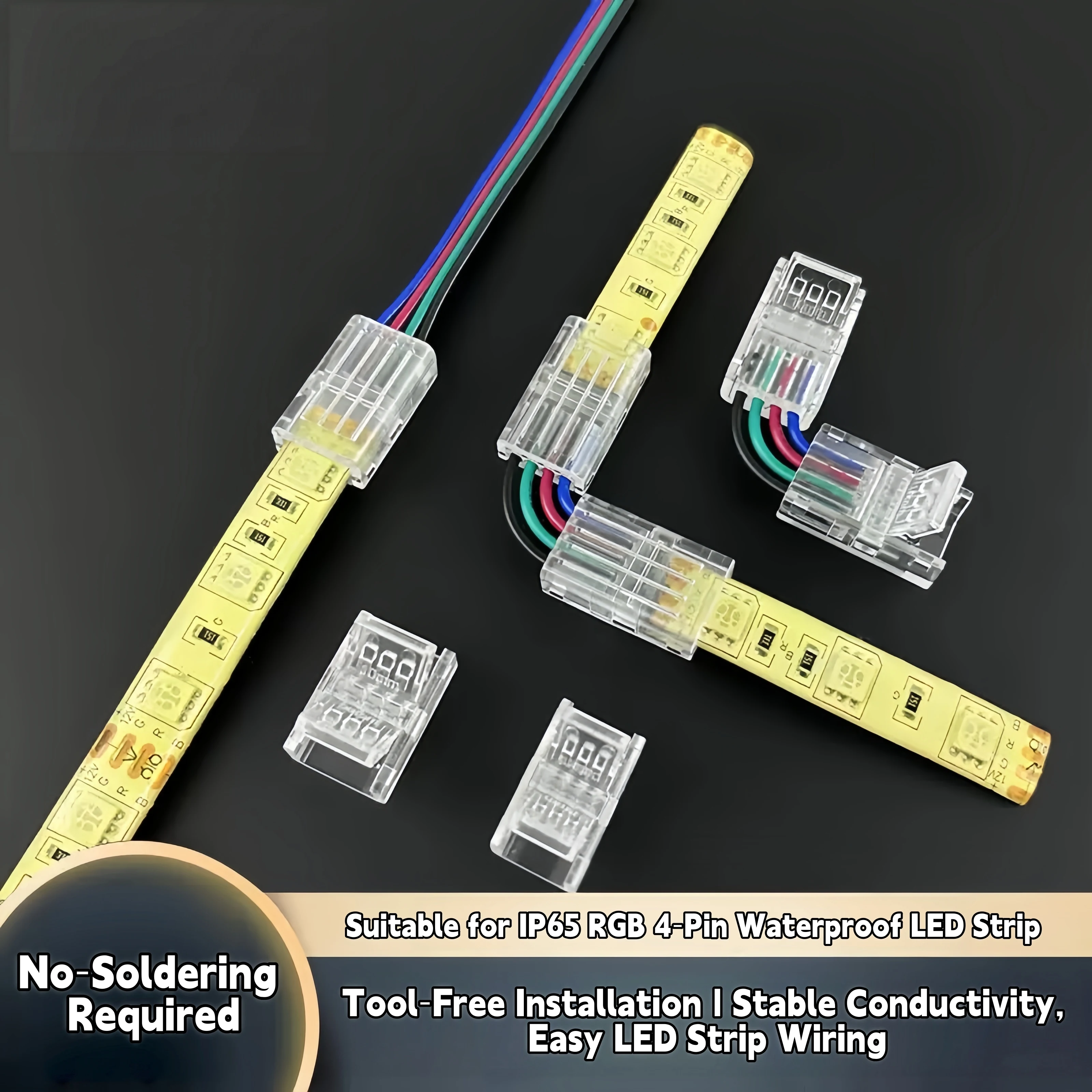 8mm 10mm 4Pin Solder‑Free LED Strip Connector, Adapters for Waterproof or Non‑Waterproof RGB LED Strips, Tool‑Free Quick Joiner