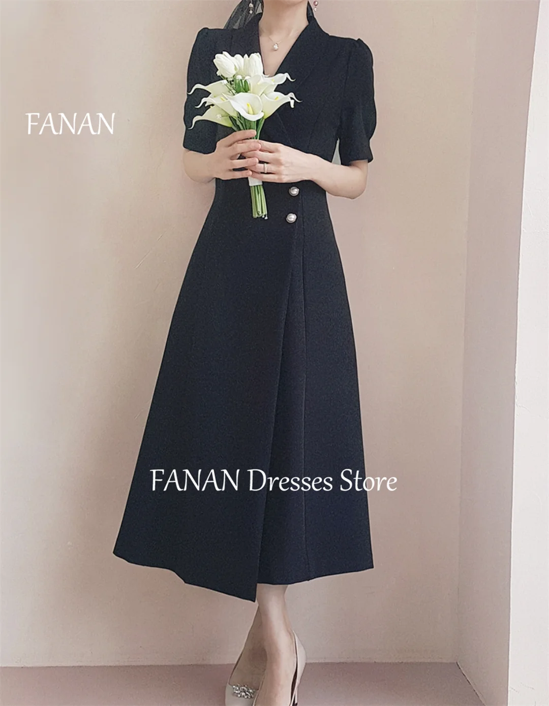 

FANAN V Neck Short Sleeves Simple Evening Party Dresses Vintage Korea Black Wedding Women Formal Gowns Event Prom Gowns