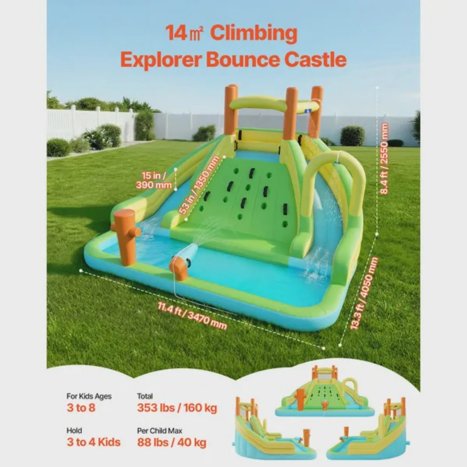 

Inflatable Bounce House 13.3 x 11.4 x 8.4 ft Inflatable Bounce House Water Slide Bouncer Castle with Climbing Wall Double Tall Slides Splash Pool & Mini Soccer for 3 to 4 Kids Ages 3 to 8