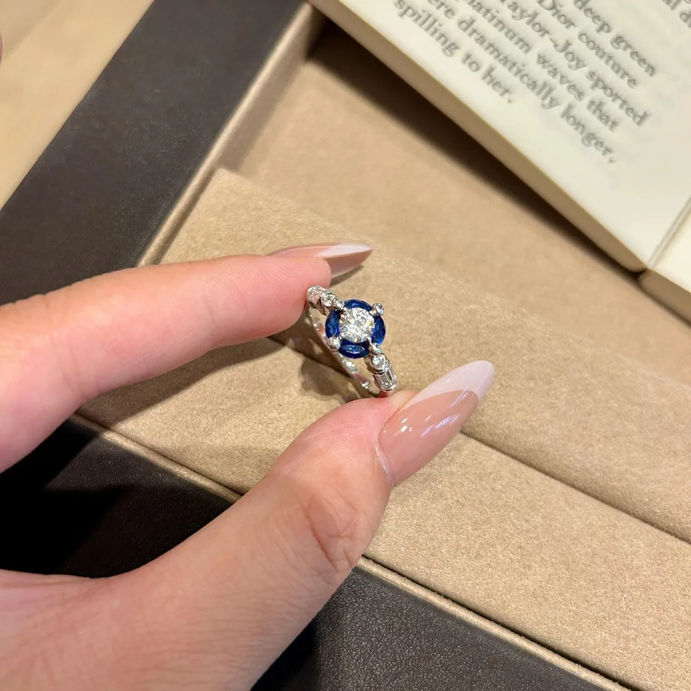 Vintage Blue Planet Zircon Halo Crystal Adjustable Rings Thin 925 Sterling Silver Split Shank Band for Women Statement Jewelry