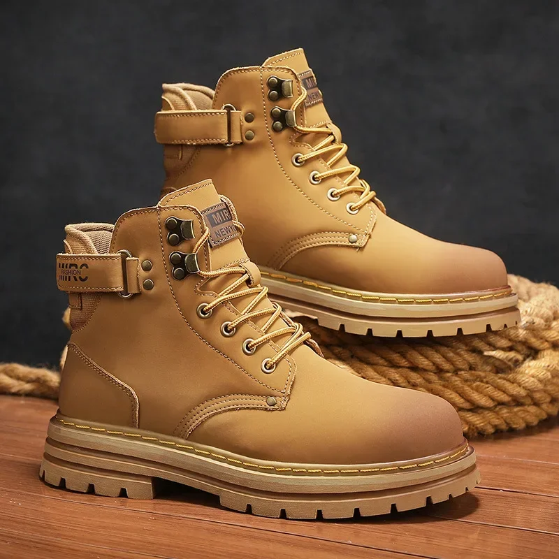 

Кожаные рабочие ботинки большого размера для пар, осенне-зимняя повседневная обувь с высоким берцем, мужские ботинки, ботинки в британском стиле, модная уличная одежда