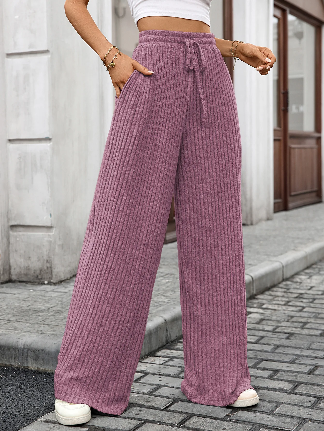 Women's Loose Drawstring Trousers Multi Color Straight Leg Pants Autumn Winter Ribbed Elastic Waist Casual Jogger Long Pants