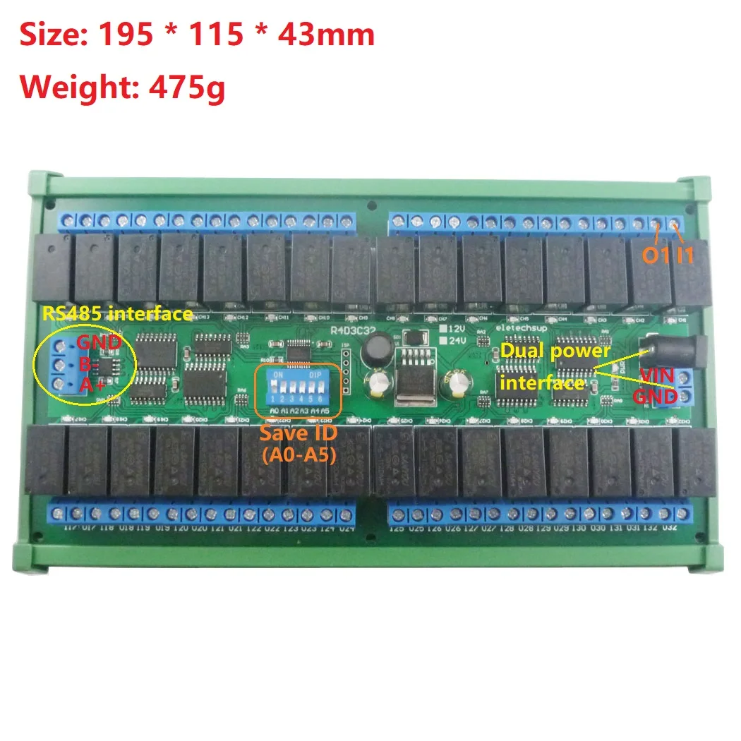 C45 Rail Box DC 32ch DIN35 12V 24V RS485 Modbus RTU Relay Board 485 Bus Remote Control Switch for LED Motor PLC PTZ Camera Smart