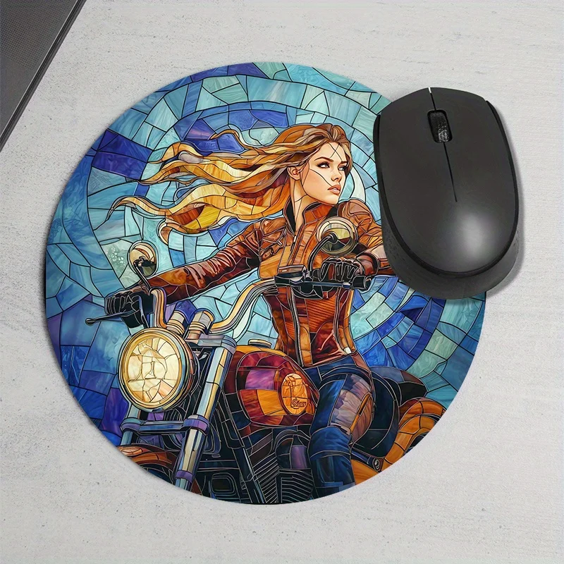 Motorcycle girl anime Circular Mouse Pad Desk Mat pc accessories mouse pads non-Slip rubber base suitable for office and gaming
