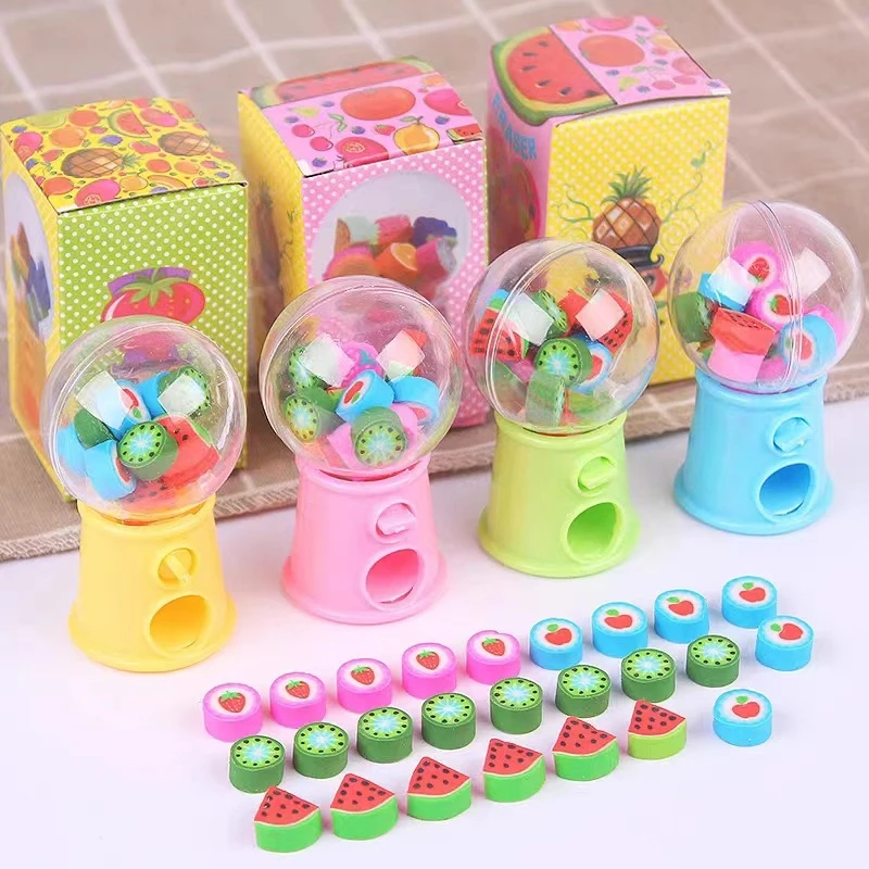 Mini gommes mignonnes de conception de machine de Gashapon pour des enfants, gommes en caoutchouc de fruit de bande dessinée, outil de ration de papeterie de Kawaii, fournitures de bureau