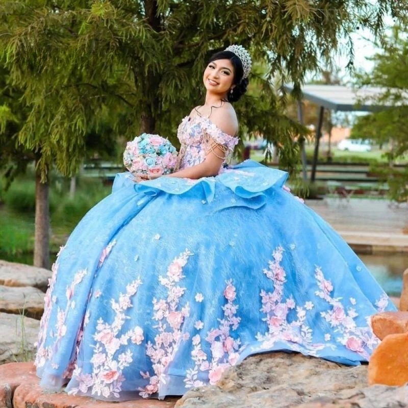 Vestido De baile azul para quinceañera, vestidos De México para 15 Años, Quinceañeras con cuentas, dulces 16 Quinceañeras, flores para fiesta De cumpleaños, 2024