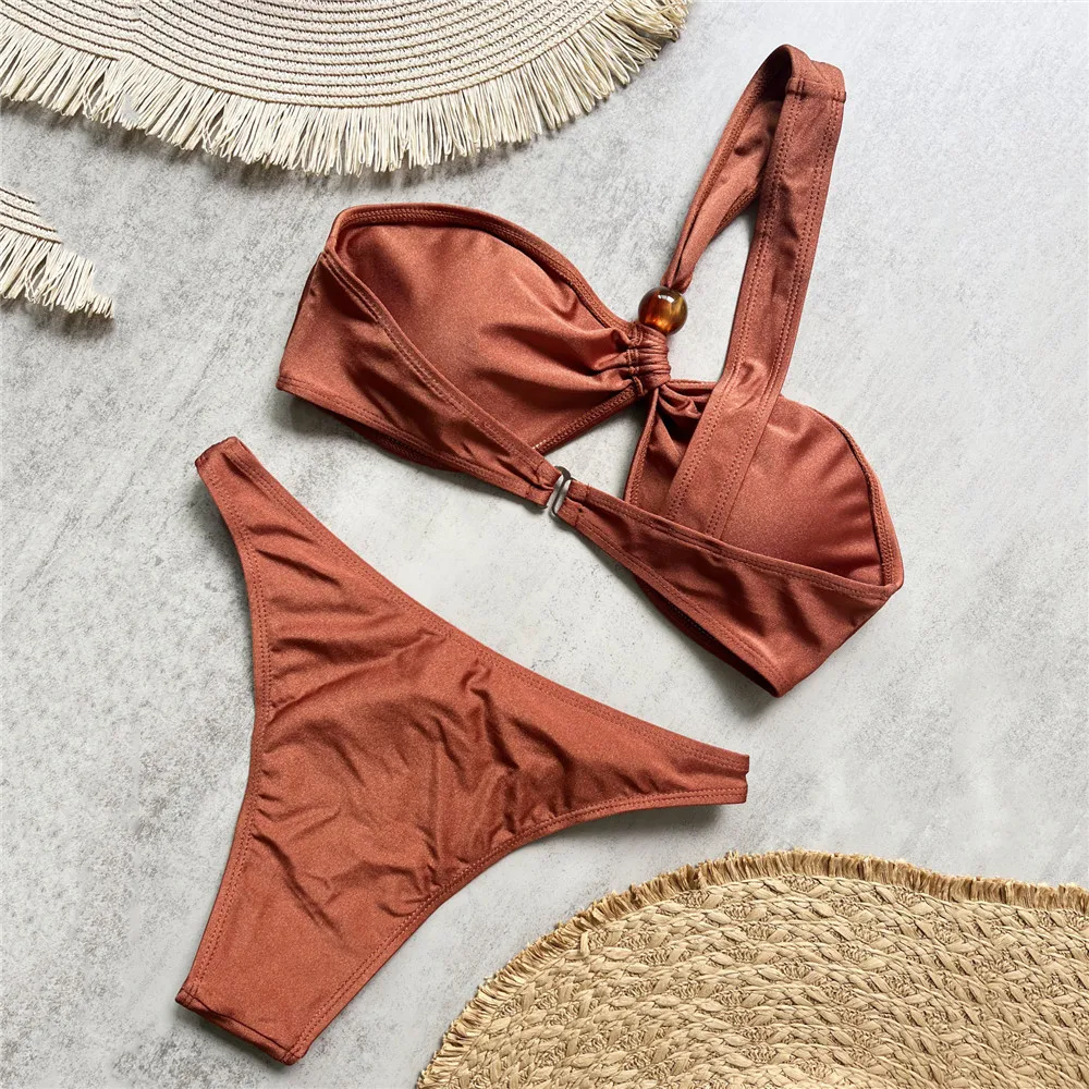 Solid Brown One Shoulder Swimwear Bead Bandeau Bikini Micro Mini Thong Sexy Swimsuit Women 2026 Bathers Brazilian Bikinis Sets