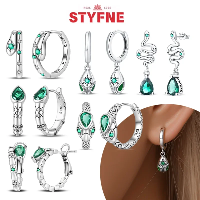 Real Silver 925 Earrings The Year of The Snake Hoop Earrings Green Zircon for Woman Trend Classic Party Jewelry Lucky Fine Gift