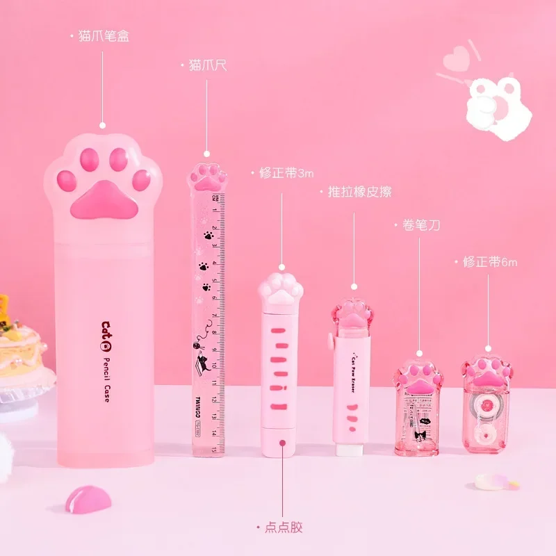 Imagem -05 - Criativo Cat Paw Papelaria Conjunto para Crianças Kawaii Garra Lápis Sharpener Eraser Fita Corretiva Pen Ruler Material Escolar Presentes