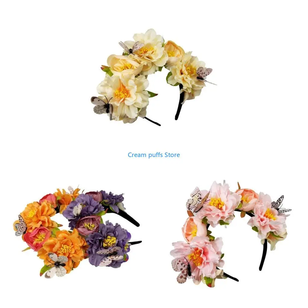 50Le Butterfly Flower Headband voor bruiloft Bruid Ethnic Mexico Haarband Cosplay Kostuum kopstuk Volwassen muziekfestival