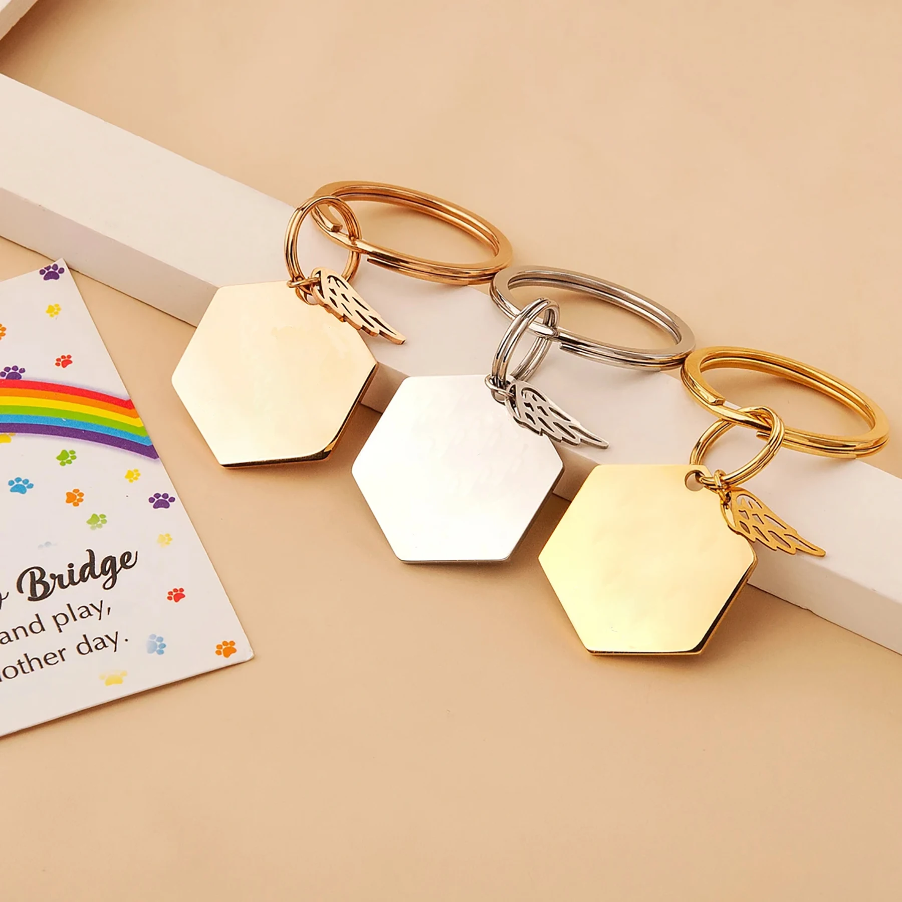 

5Pcs Fashion Stainless Steel Keychain with Wing Mirror Polishing Metal Pendant DIY Making Collar Car Key Ring Accessories