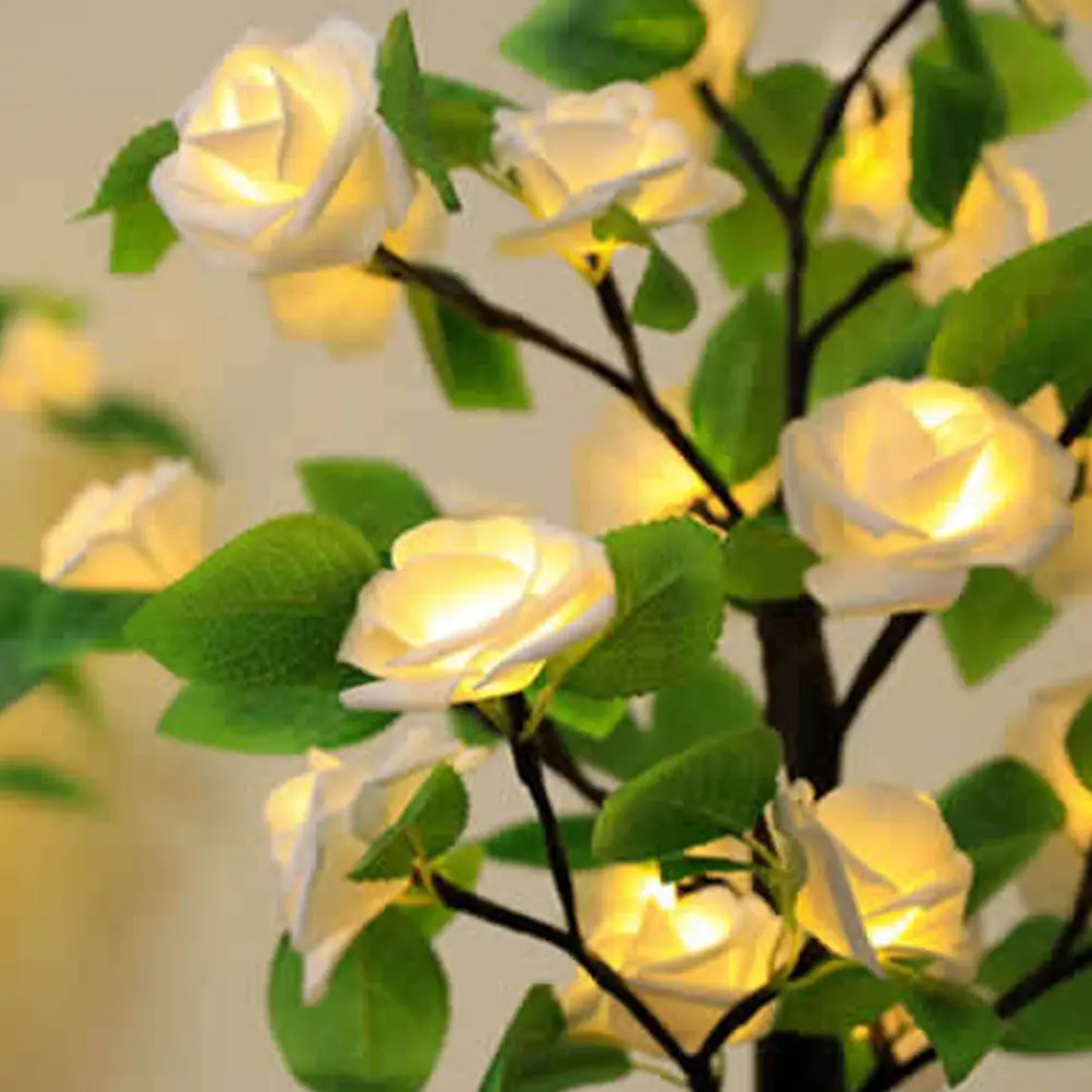 

Rose Tree Lamp Night Light Decor Creative LED Tabletop Bedroom Kids Room White Beads Plastic Copper Wire Silk Cloth Romantic
