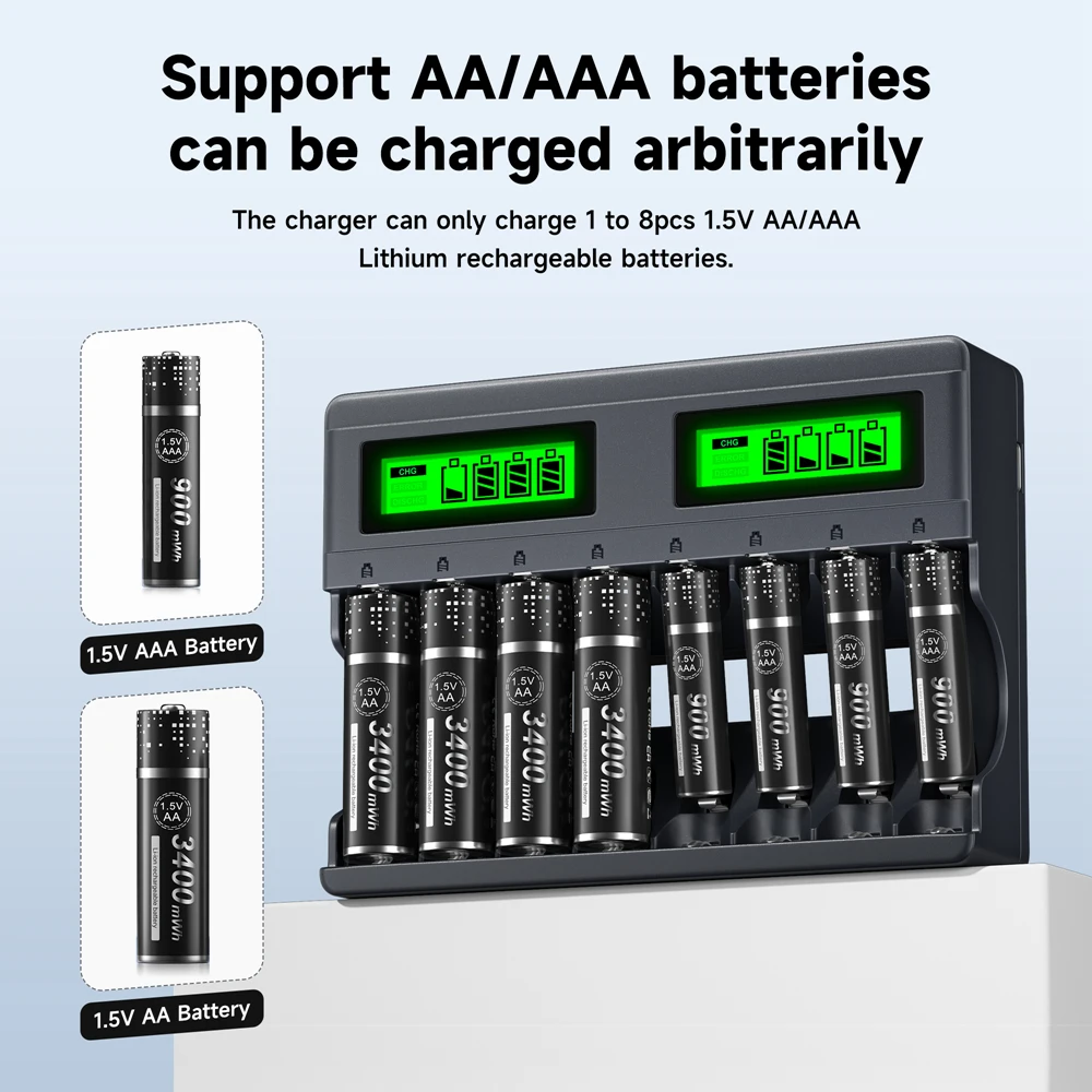 New 1.5V AA AAA Lithium Battery Charger 4/8 Slots LCD Fast Charger with Charging Cable for Rechargeable Li-ion AA AAA Batteries