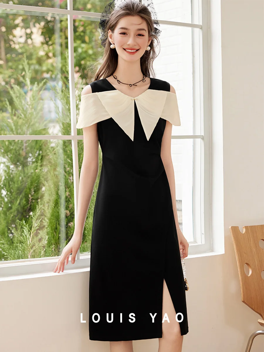 

LOUIS YAO Split Black Dress 2025 Summer New Micro Elastic V-neck Contrast Splicing Off Shoulder Medium length Women's Dress
