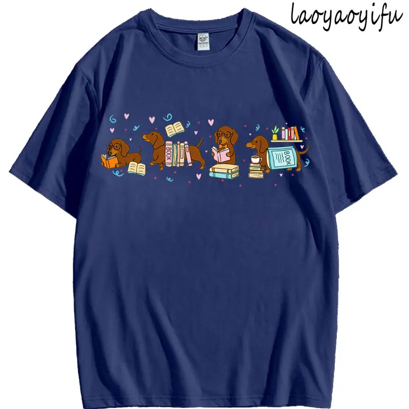 

High Quality Cotton Dachshund Book Lover Reading Wiener Dog Bookish Gifts for Dog Moms Women Fashion Breathable O-neck Tee