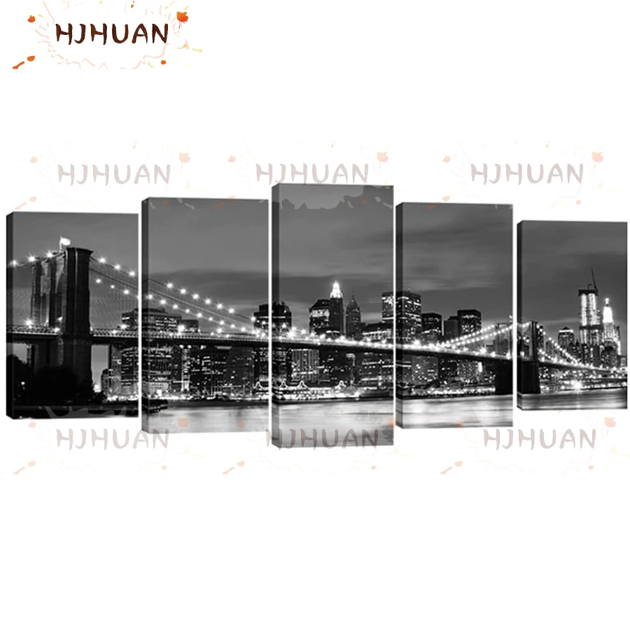 5pcs Black and white landscape, Brooklyn Bridge, New York full round diamond diamond embroidery pattern picture home decor gift