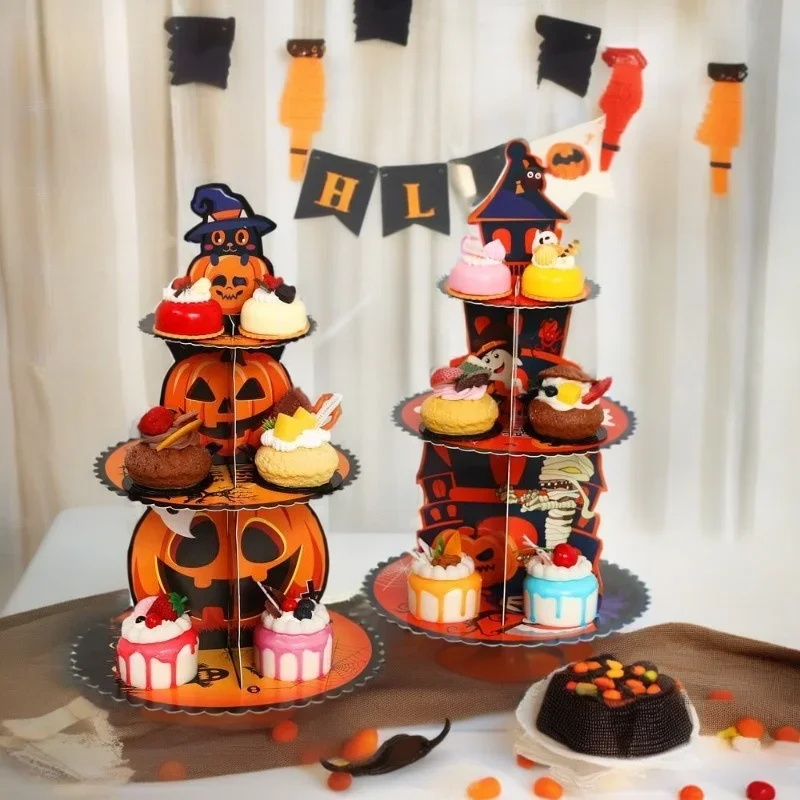 Halloween Hand-folded Assembled Cake Stand Holiday Party Decoration Paper Three-layer Dessert Tray Decoration