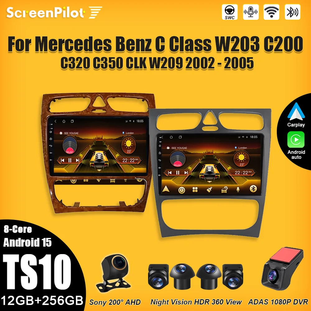 

Android 15 For Mercedes Benz C Class W203 C200 C320 C350 CLK W2 Car Radio 2 din Carplay Intelligent System WIFI 5G GPS Bluetooth