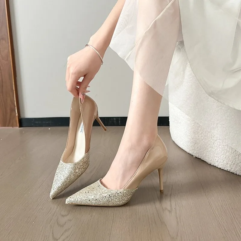 

Shoes Female 2026 Slip on Women's High Heel Fashion Dress Pumps Women Pointed Toe Bling Thin Heels Shallow Shoes Women