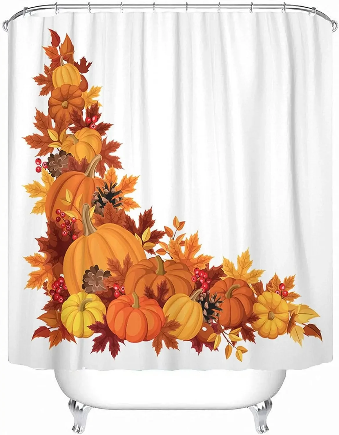 Brown Thanksgiving Corner Pumpkins and Autumn Leaves Colorful Border Fall Leaf Gourd November Season Bath Curtain Bathroom Decor