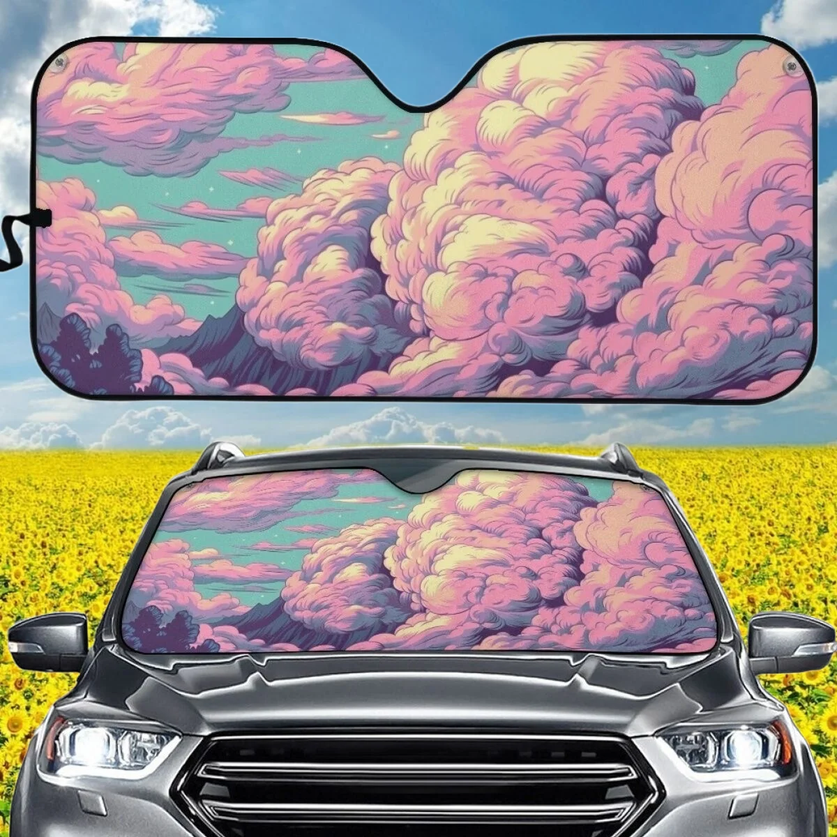 New Gradient Color Cloud Car Sun Shade UV Printing Aluminum Foil Foldable Window Cover Brand Design Fit for SUV Truck Vans Auto