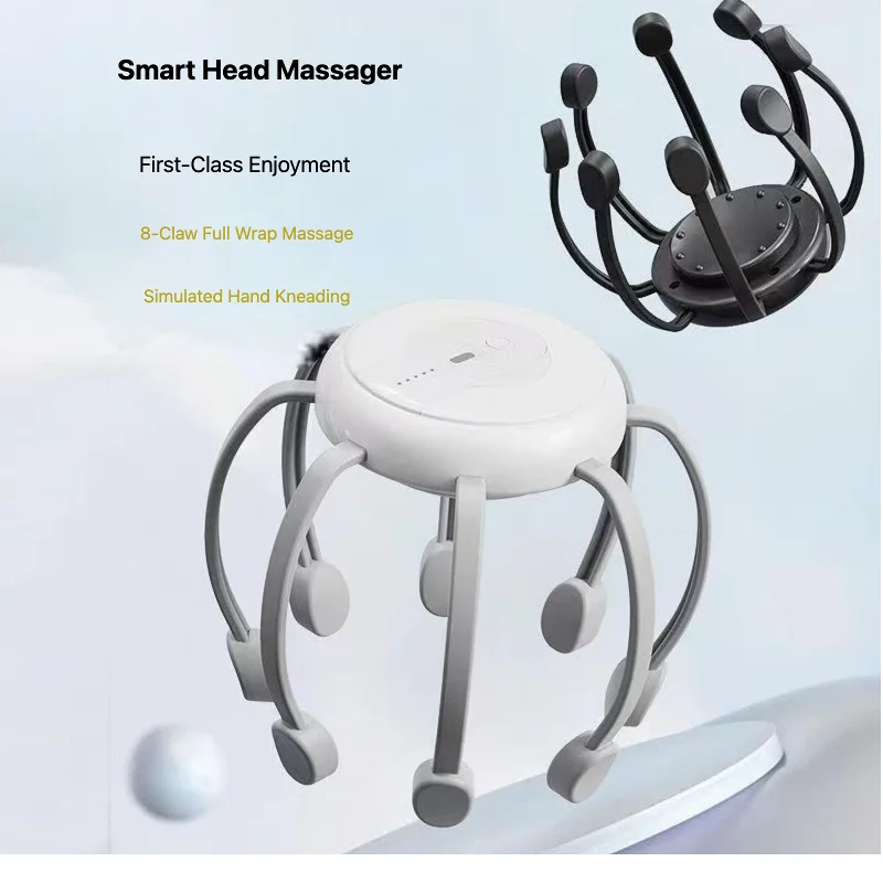 Octopus Head Massager 8-Head Dot Matrix Kneading 5 Modes Multiple Gears TMS Deep Relaxation Insomnia Relief Lightweight Portable
