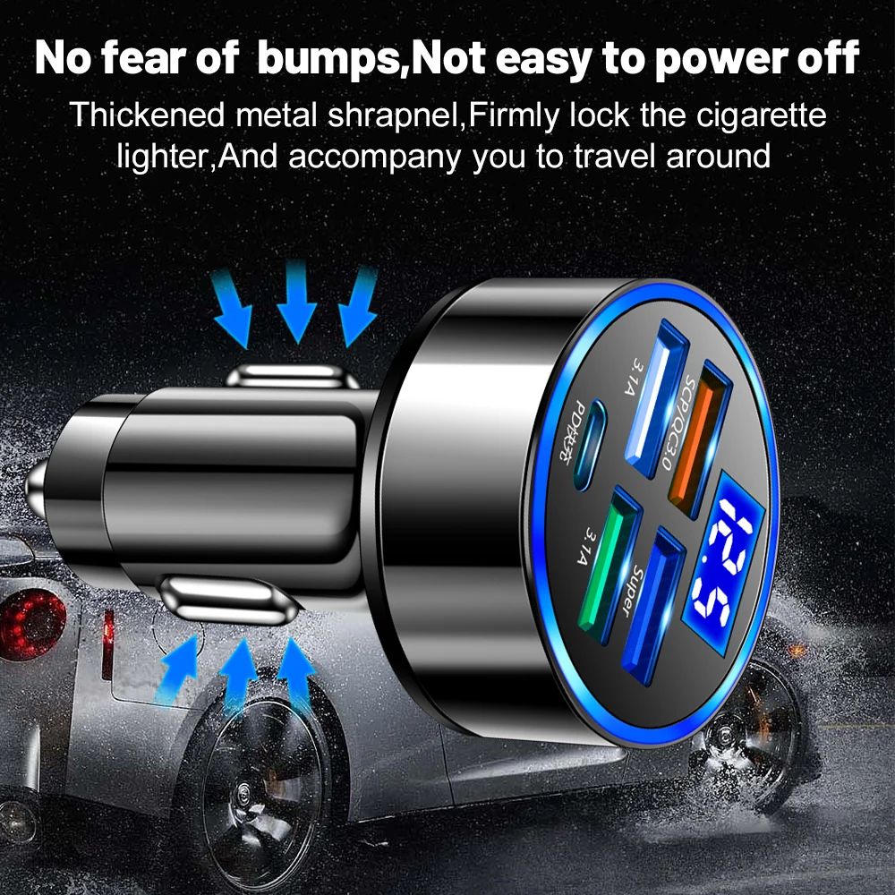 250W LED Car Charger 5 Ports Fast Charge PD QC3.0 USB C Car Phone Charger Type C Adapter in Car For iphone Samsung Huawei Xiaomi