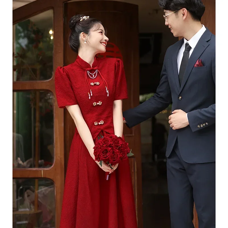 

New Bride Qipao Xiuhe Costume New Chinese Style Toast Clothing Traditional Top Skirt Set Burgundy Wedding Engagement Dress