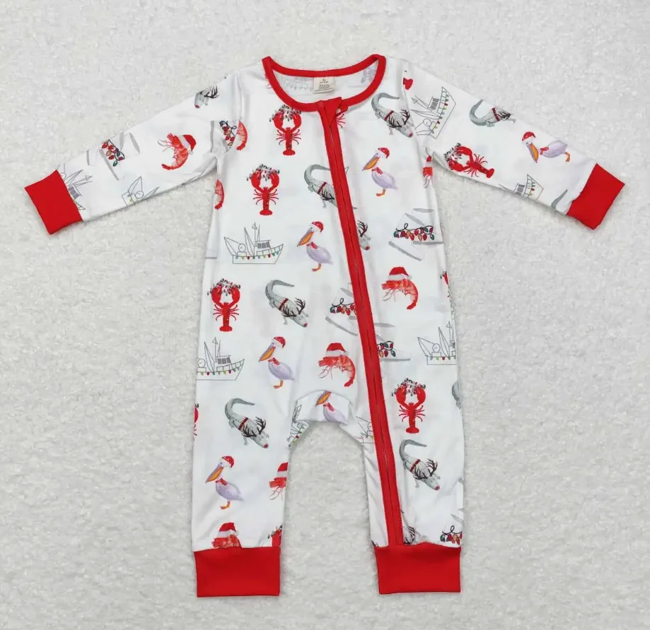 

Baby Boys Christmas Crawfish Red Color Zippy Rompers Holiday Winter Bamboo Sleepers