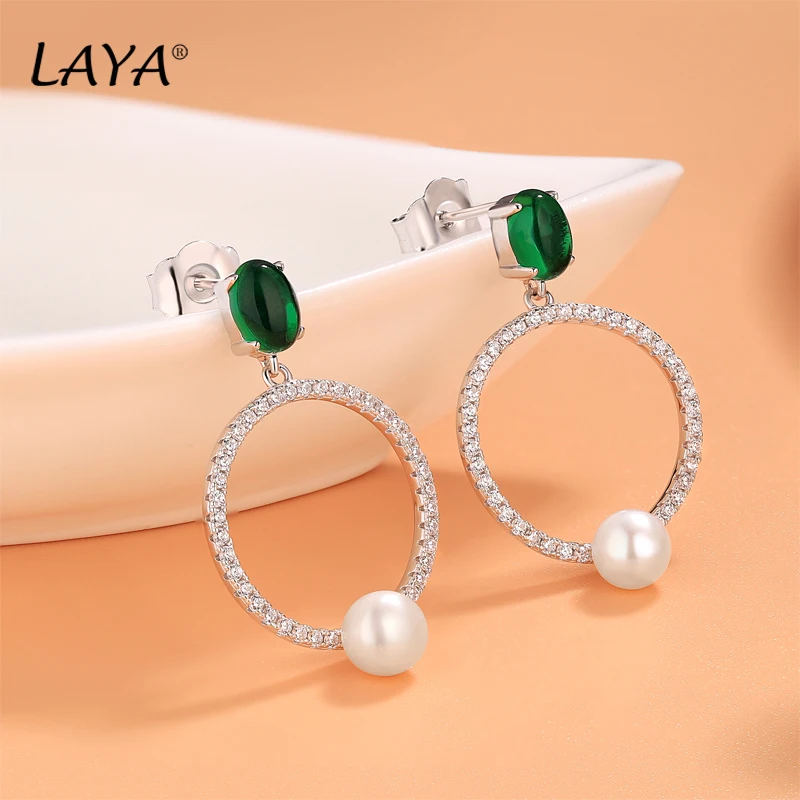 

LAYA 925 Sterling Silver Green Glass Fashion New Clear Cubic Zircon Freshwater Pearl Stud Earrings For Lady Wedding Fine Jewelry