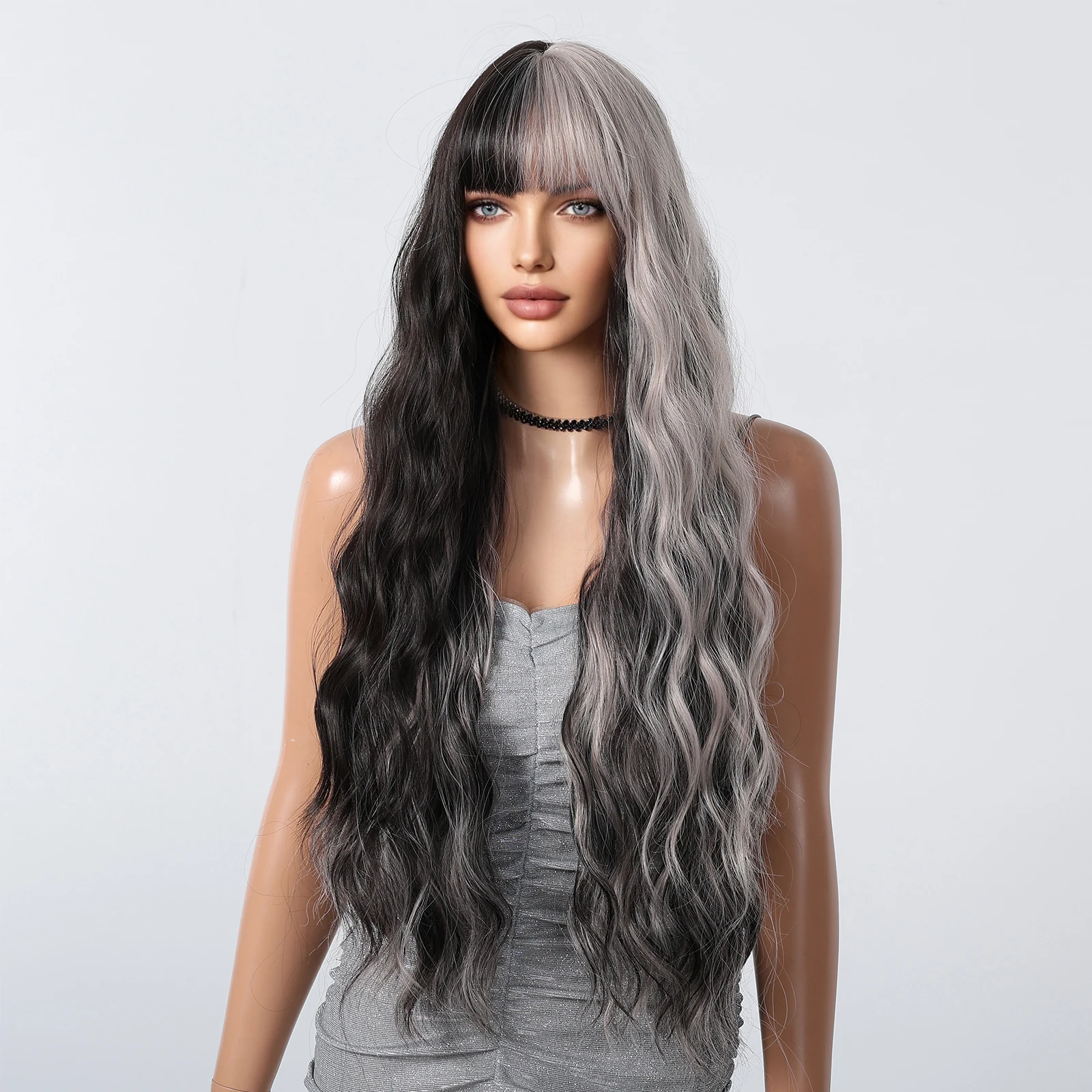 Schwarz Weiß Highlight Lange Lockige Perücke Mit Pony Schwarz Gemischt Grau Weiß Perücke Für Frauen Synthetische Mehrfarbige Cosplay Halloween Perücke