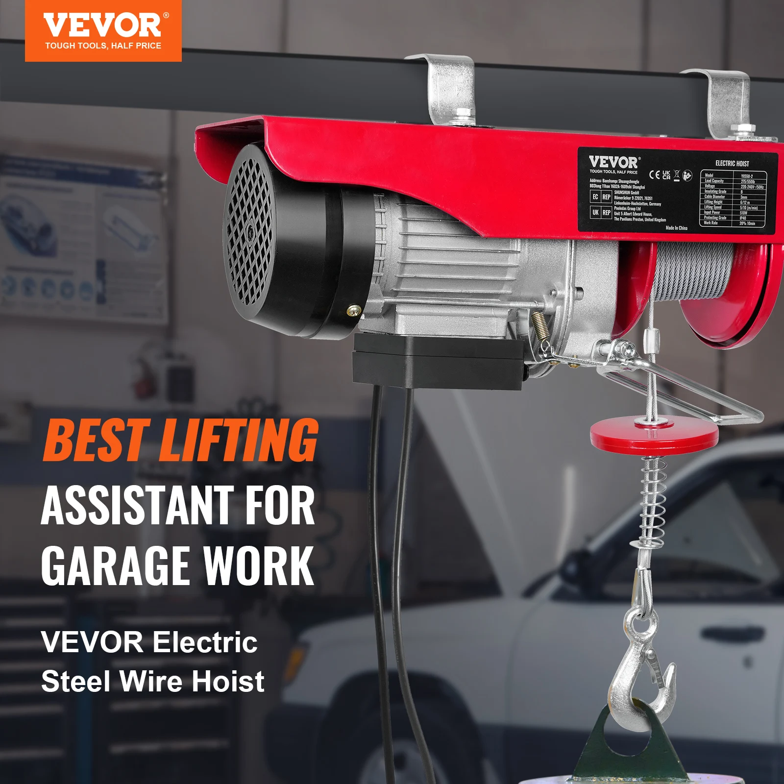 VEVOR 250kg Electric Hoist Crane Portable Lifter Overhead Garage Winch with Wired/Wireless Remote Control for Car Garage Boat