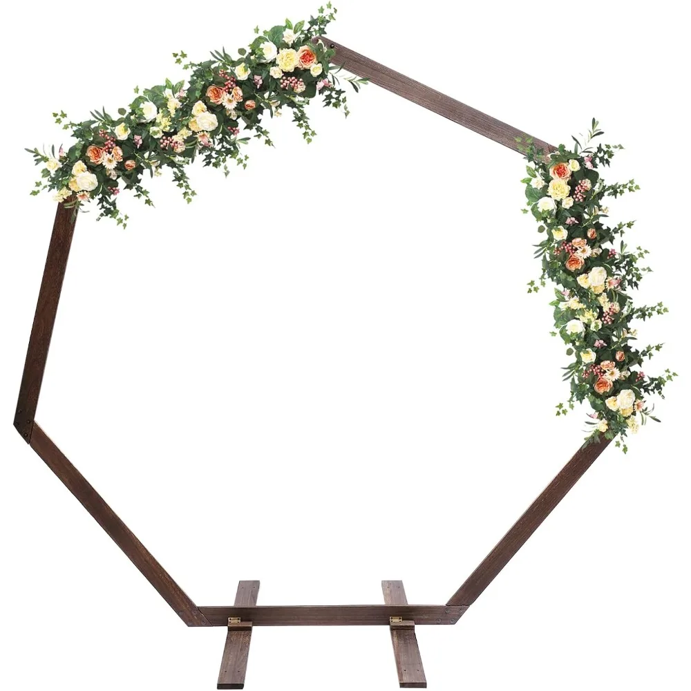 Support de toile de fond en bois heptagonal rétro 7,4x7,2 pieds - Surface en bois naturel poli, capacité de charge de 11 lb, pour la décoration de mariage et de fête