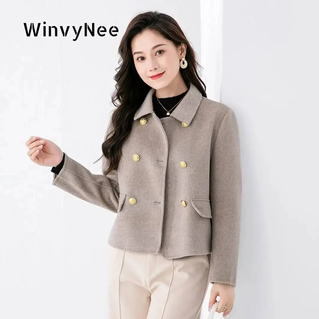

New Winter Short With Buttons Pockets Gray Wool Turn-Down Collar Woolen Coats For Women H1643018