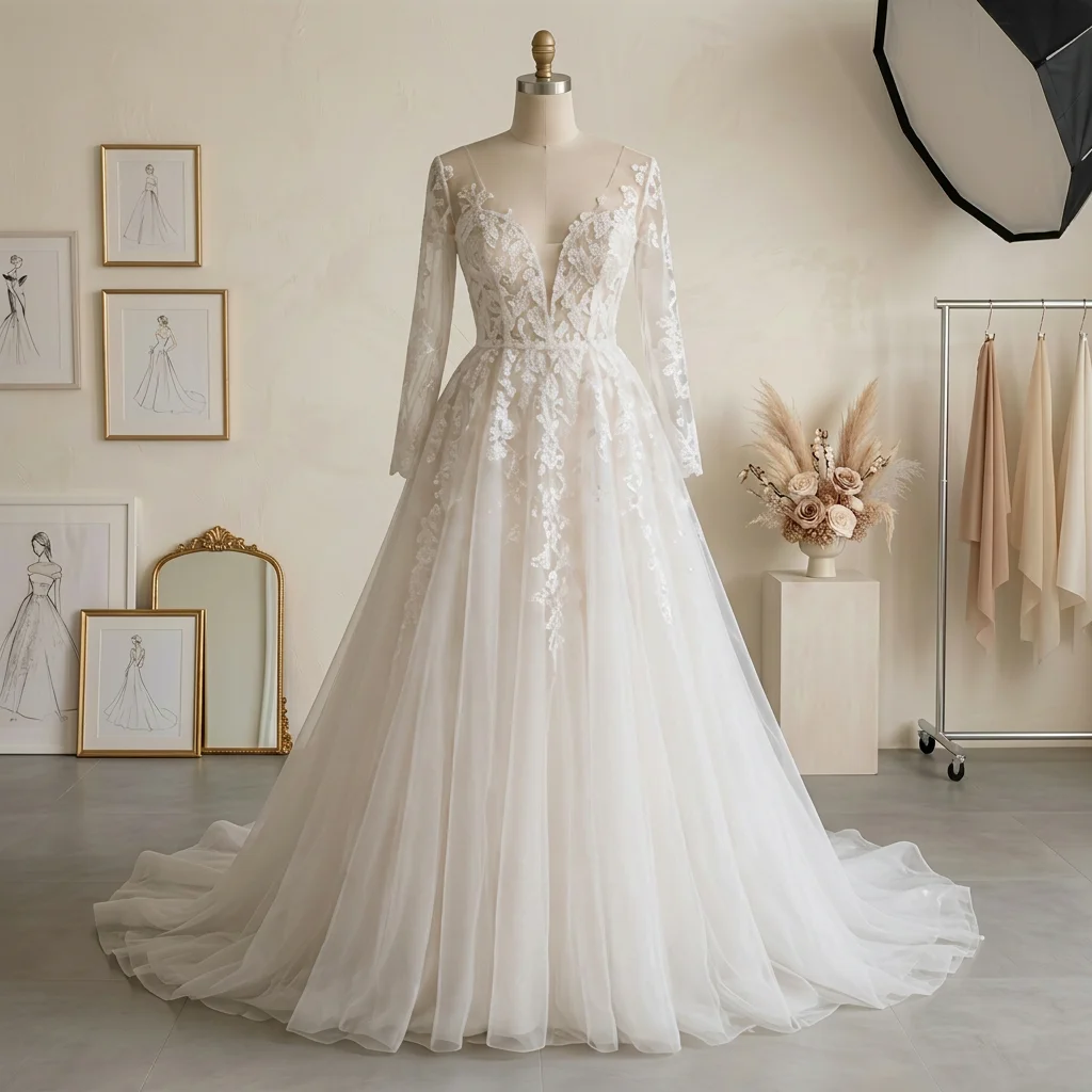 Long Sleeve Lace A Line Wedding Dress with Illusion V Neck & Sheer Button Back Bridal Gown