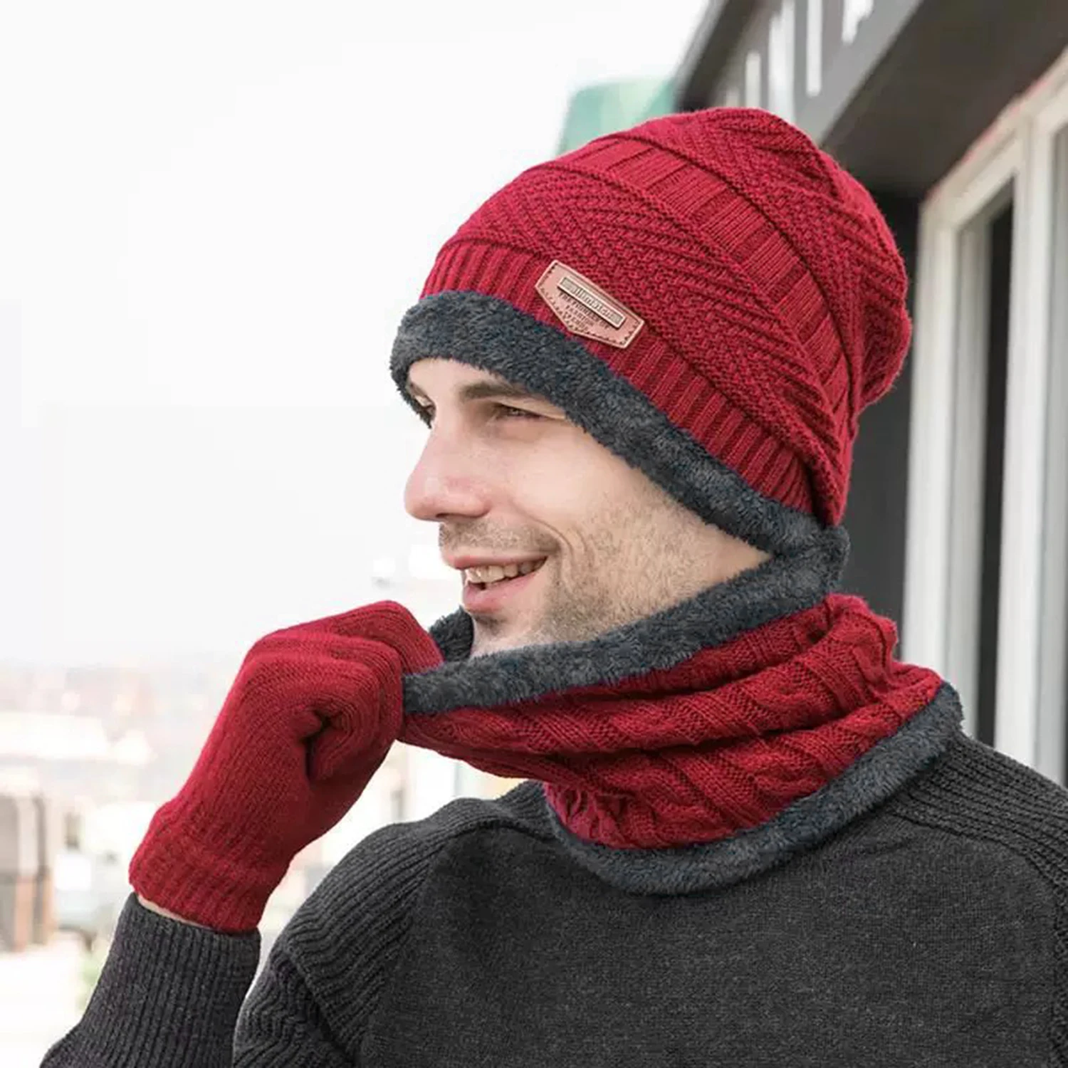 1 Juego de gorro grueso de invierno para hombre y mujer, gorro de punto, gorro de invierno, gorro, bufanda de lana para el cuello, gorros, gorro, gorro, conjunto de guantes