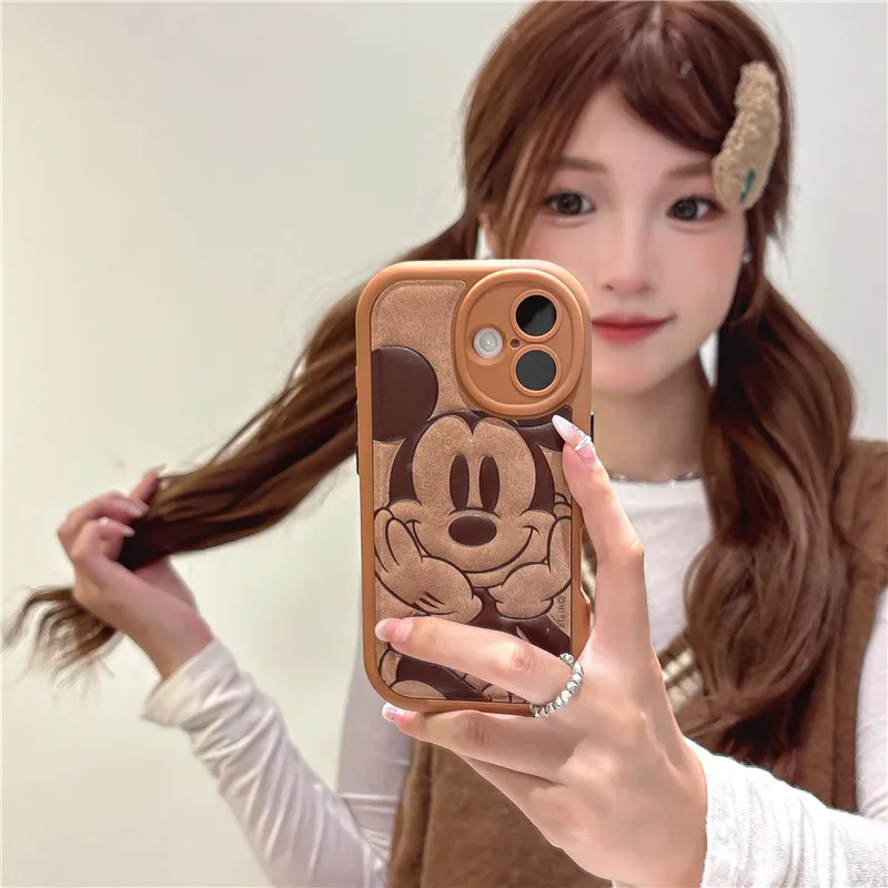 

3D Leather Emboss Disney Cute Cartoon Phone Case for iPhone 13 14 15 16 Pro Max Mickey Mouse Face support brown relief Cover