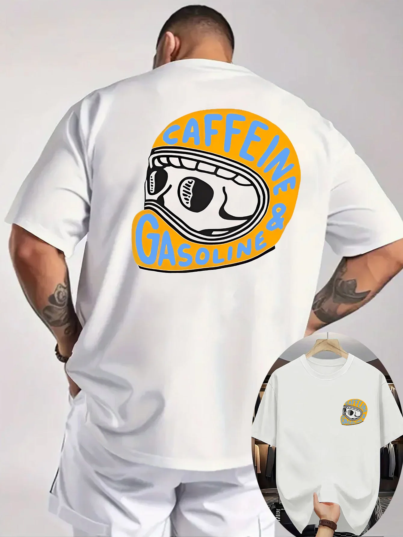 2026 New Summer Men's T-Shirt, 100% Cotton, Pattern Print, Motorcycle Helmet Print, Casual, Comfortable, Loose Fit