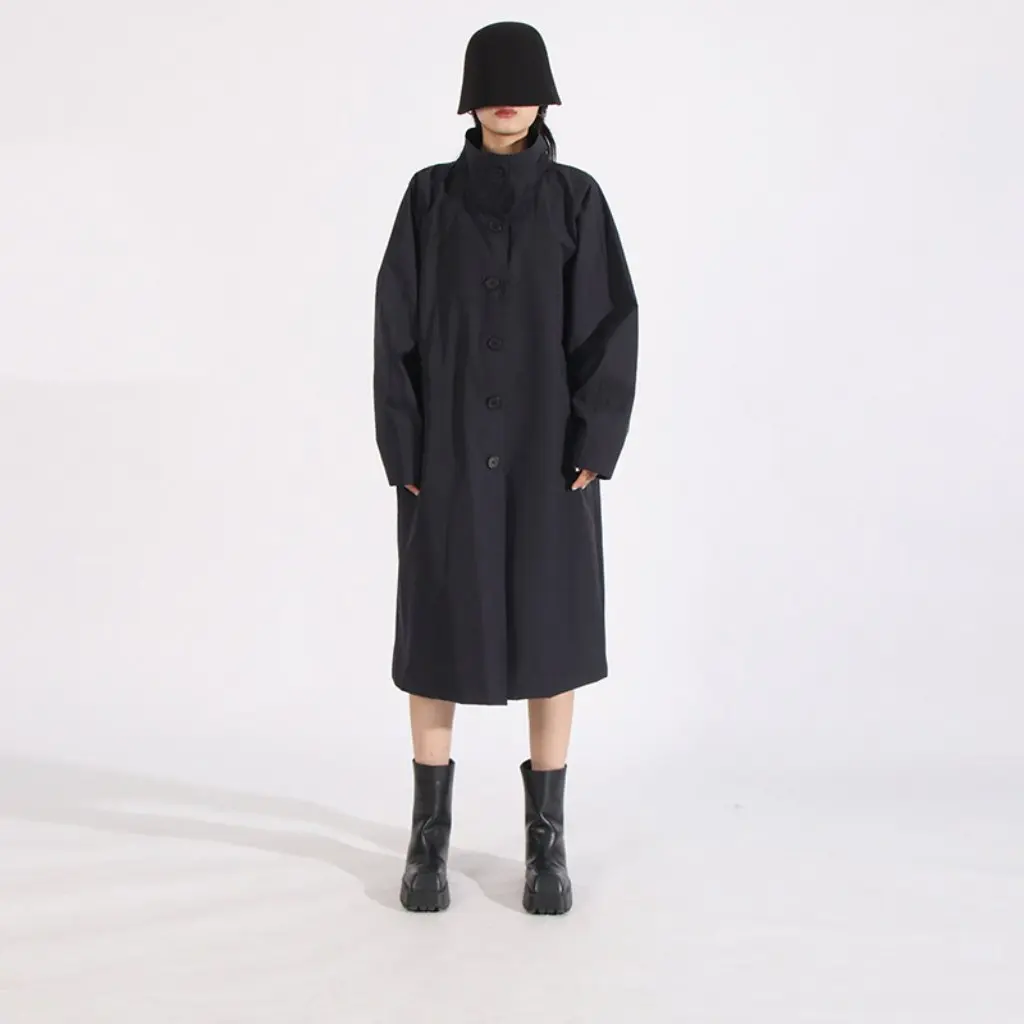 

Women's Korean High-End Windbreaker Stand-Up Collar Single-Breasted Casual Loose Long Outwear for Autumn Winter