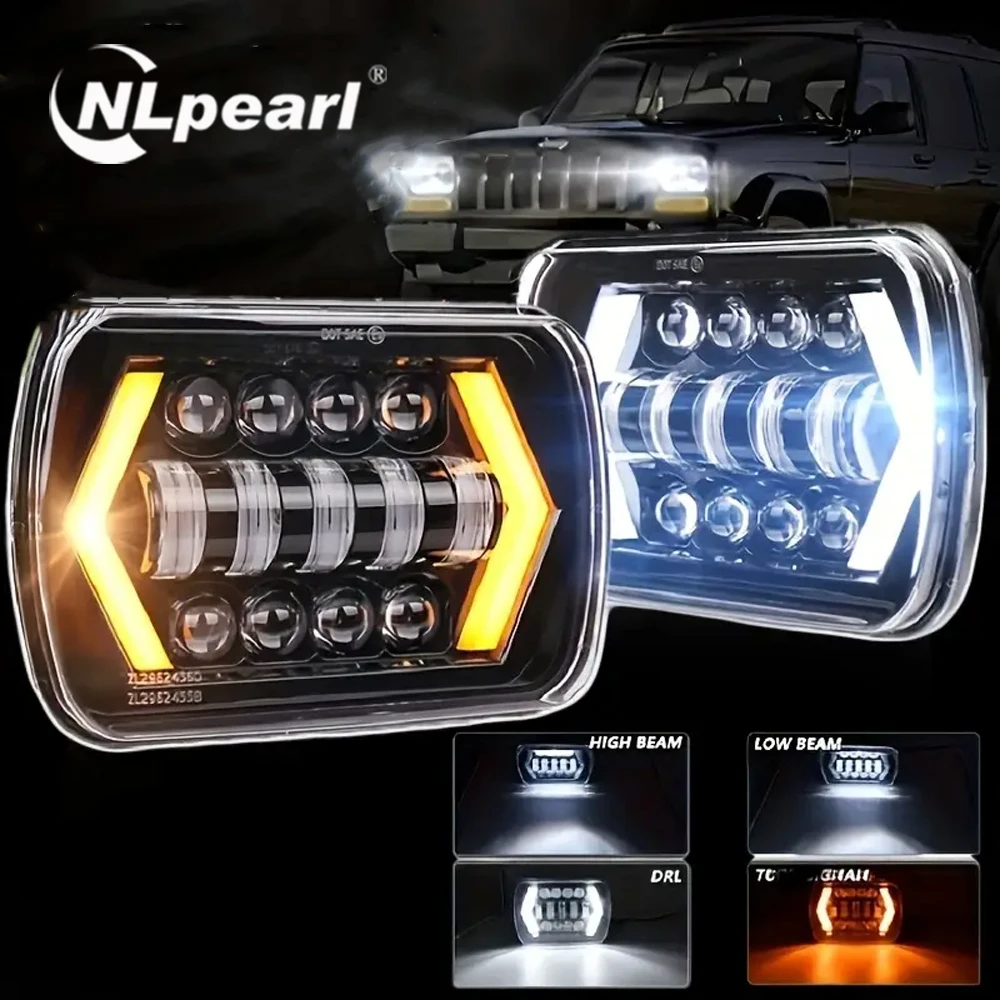 

7X6 5X7 Square Led Headlights White DRL Amber Turn Signal For Jeep Wrangler YJ Cherokee XJ Trucks H4 Headlamp Car Accessories Le
