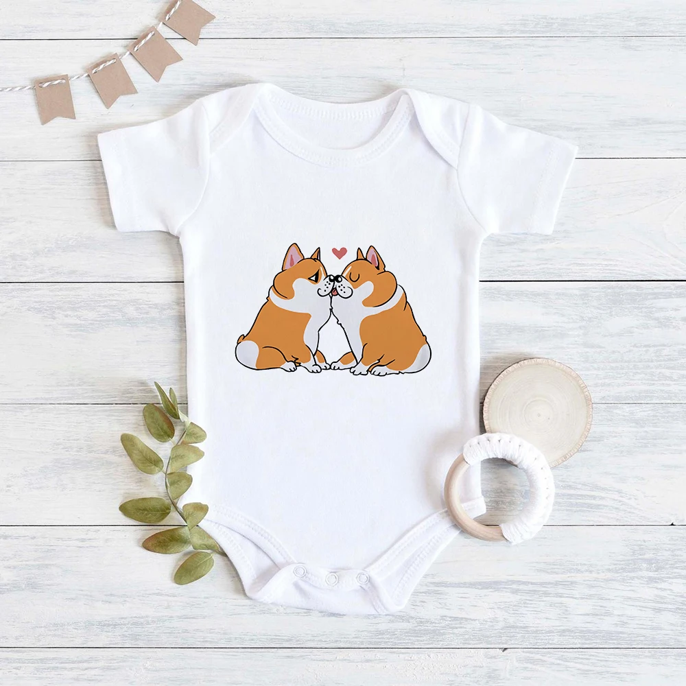 Corgi engraçado bundas dos desenhos animados do bebê bodysuits 2023 novo bonito infantil onesies verão casual versátil criança menino roupas macacões