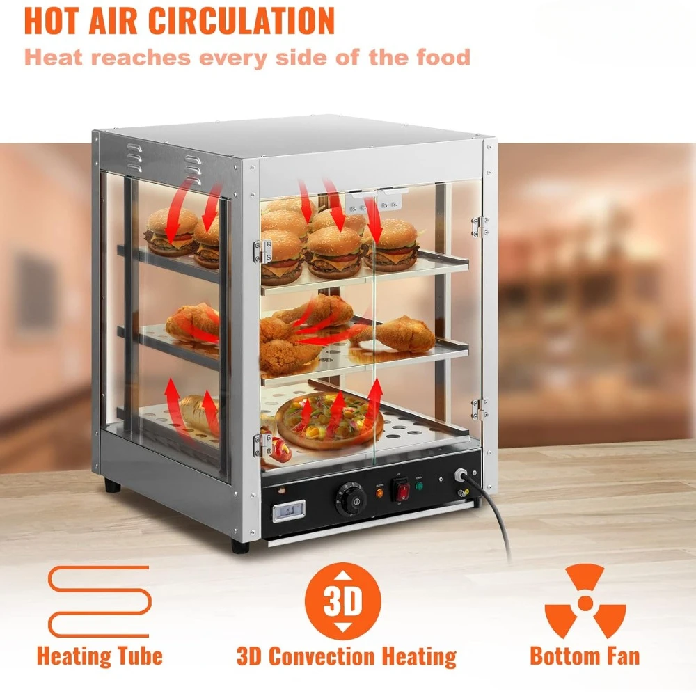 Commercial Food Warmer Display,Countertop Pastry Warmer w/Temp Knob & Display 0.6L Water Tray, Stainless Frame Glass Door