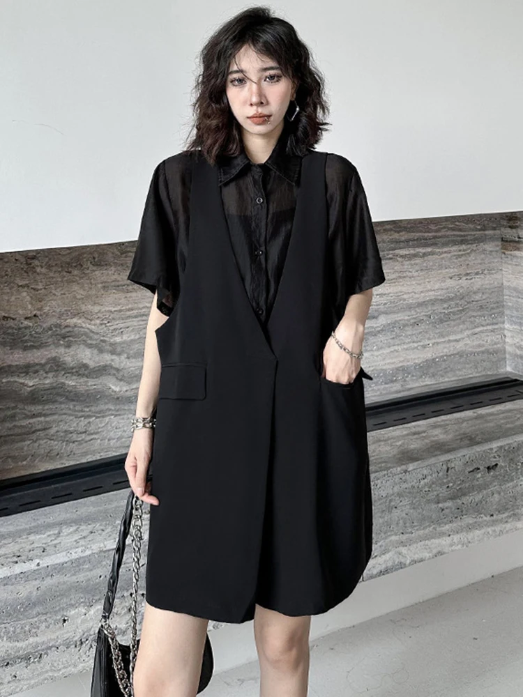 [EAM] Women Black Pocket Perspective Big Size Mini Shirt Dress New Lapel Half Sleeve Fashion Tide Spring Autumn 2024 1DH5144