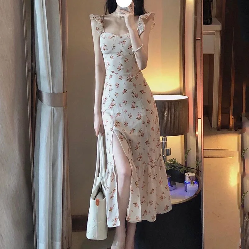 2022 Summer Korean Fashion Sweet Floral Sleeveless Casual Midi Dress Elegant French Vintage Women Sexy Slit Party Slim Dresses